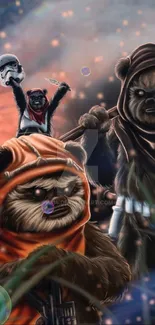 Ewok characters in a sci-fi fantasy adventure scene.