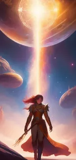 Epic fantasy wallpaper with space and hero under starry sky.