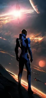 Futuristic explorer gazing at galaxy with planets in a sci-fi mobile wallpaper.