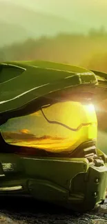 Futuristic olive green helmet with sunrise background.