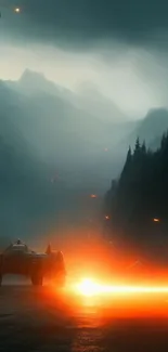 Epic sci-fi landscape with vehicle in glowing mountain scenery.