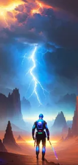 Futuristic landscape with traveler and lightning under vibrant sky.