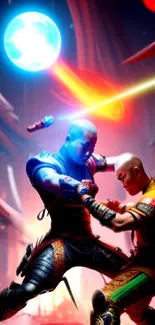 Epic colorful martial arts scene with vibrant sci-fi elements.