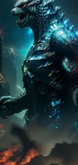 Towering armored sci-fi monster in futuristic cityscape with neon accents.