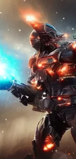 Epic sci-fi robot with glowing effects engaged in battle stance.