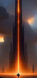 Epic sci-fi wallpaper with glowing tower and silhouetted hero.