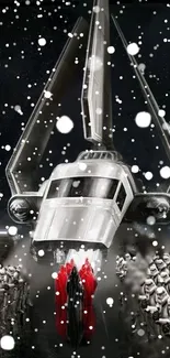 Futuristic spacecraft in snowy sci-fi scene with gathering crowd.