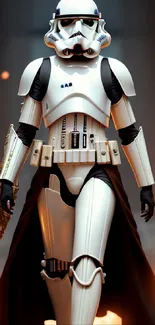 Sci-fi soldier in white armor with a fiery background.