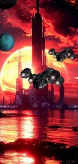 Futuristic sci-fi cityscape with spaceships, planets, and red celestial glow.