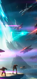 Epic sci-fi space battle with futuristic spacecraft and vibrant colors.