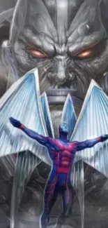 Epic sci-fi fantasy scene with hero confronting giant.