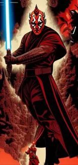 Epic sci-fi warrior with lightsaber in red and blue digital art.