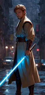 Sci-fi warrior with glowing sword in city alley.