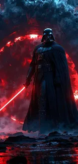 Epic sci-fi warrior with red glow and dark atmosphere.