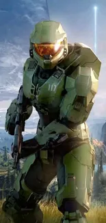 Sci-fi warrior in green armor on a futuristic landscape wallpaper.