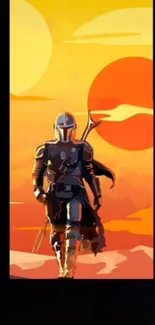 Futuristic warrior walking towards sunset.