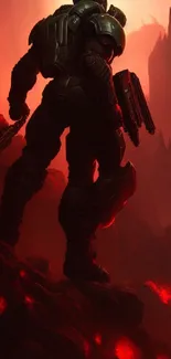 Epic sci-fi warrior stands in a red alien landscape.