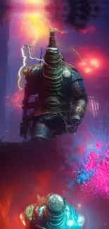 Epic sci-fi warrior with vibrant cosmic colors in mobile wallpaper.