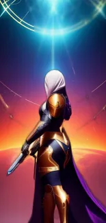 Sci-fi warrior stands before a vibrant cosmic scene with an orange and blue glow.