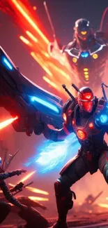 Epic sci-fi warriors with glowing effects in a futuristic battle scene.