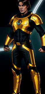 Sci-fi warrior in golden armor standing heroically with glowing background.