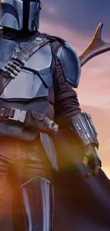 Epic sci-fi warrior in armor with a sunset background for mobile wallpaper.