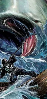 Sailor battles giant whale on turbulent sea in dramatic illustration wallpaper.