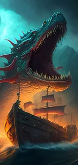 Epic ship battles a massive sea serpent in this fantasy wallpaper.