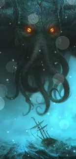 Epic Kraken towering over a ship in stormy ocean scene.