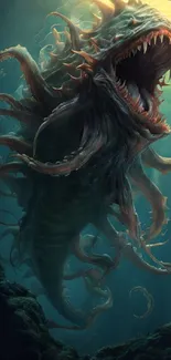 Epic sea monster with tentacles in deep ocean setting.