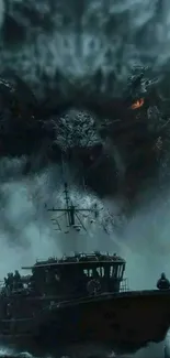 Ship at sea beneath a looming dragon's shadow.