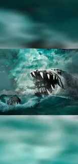 Sea monster amidst stormy ocean with shipwreck, dramatic fantasy scene.