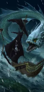 Epic sea serpent attacking pirate ship in dramatic ocean scene.