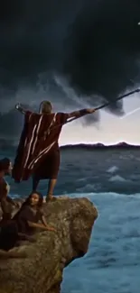 Epic sea storm scene with commanding figure on a cliff.