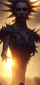 Epic fantasy creature with spiked armor in a glowing sunset sky.