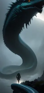 Epic serpent rising in a misty landscape with a lone figure below.