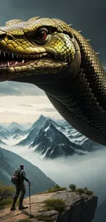 Epic fantasy scene with giant serpent over mountains.