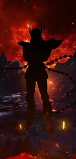 Silhouetted warrior against a fiery landscape background.