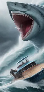 Giant shark attacks boat with stormy ocean waves.