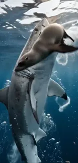 A shark and seal showcased in a dramatic underwater scene.