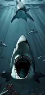 Epic underwater shark attack wallpaper with ocean depth view.