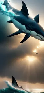 Epic mobile wallpaper of sharks soaring above ocean waves.