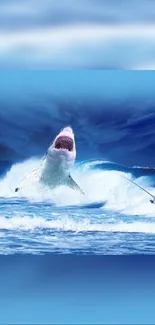 A thrilling ocean scene with a shark jumping out of the water towards a fisherman.