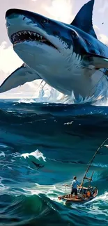 Giant shark leaps over ocean waves with fishing boat.