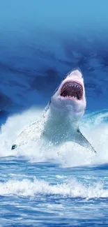 Shark leaping through ocean waves, creating a dramatic marine scene.