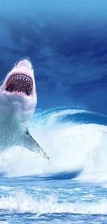 Epic shark jumps through ocean waves in dramatic mobile wallpaper.