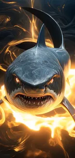 Epic shark bursting through fiery waves in dynamic wallpaper.