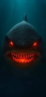 Shark with glowing eyes underwater, dark ocean art.