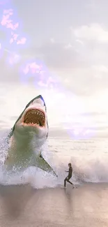 Giant shark breaching wave with surfers running on the beach.