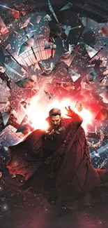 Epic superhero surrounded by shattered glass and red energy burst on wallpaper.